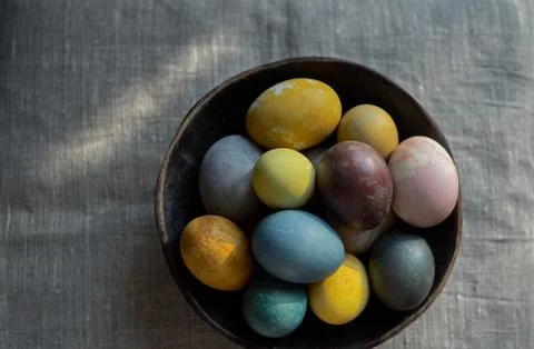 Easter. Naturally colored eggs background. Selective focus Stock Photos