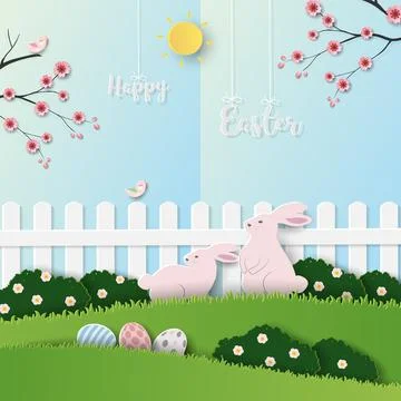Easter nature background with cute bunny,easter eggs and colorful flowers o.. Stock Illustration