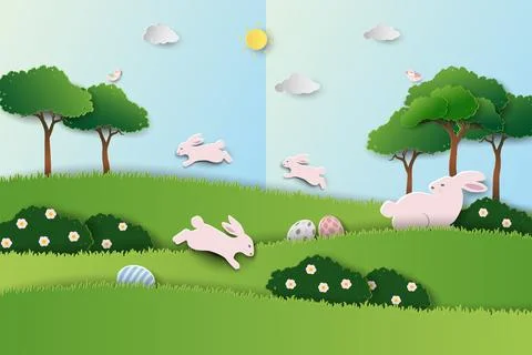Easter nature background with cute rabbits and Easter eggs on spring garden.. Stock Illustration