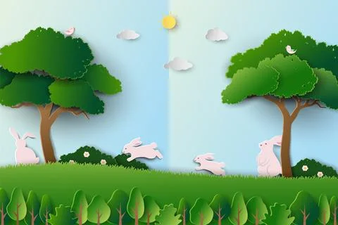 Easter nature background,Spring garden with cute cartoon rabbits family hap.. Stock Illustration