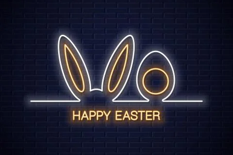 Easter neon banner. Easter bunny with egg neon Stock Illustration