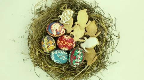 Easter nest with eggs and biscuits Stock Footage 48854703