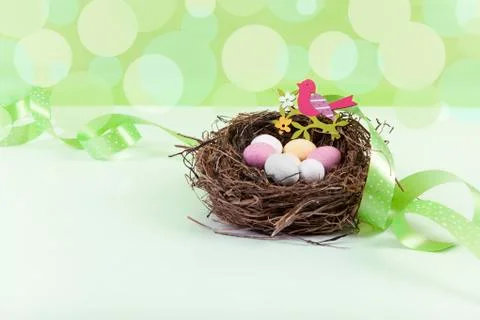 Easter nest with green background 写真素材