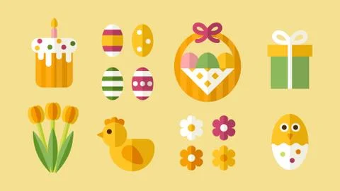 Easter objects and icons set in flat style. Stock Illustration