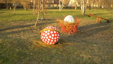 Easter objects. Eggs with decorative patterns in town. Stock Footage 128245827