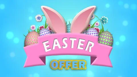 Easter offer text with beautiful bokeh parties, ears, flowers and decorated.. Stock Illustration