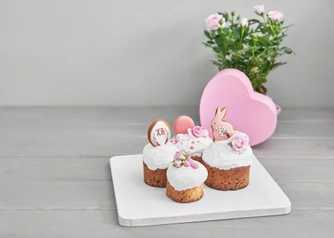 Easter orthodox sweet bread, Easter cake with flowers and gingerbread. Holida Stock Photos