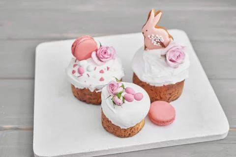 Easter orthodox sweet bread, Easter cake with flowers and gingerbread. Holida Stock Photos