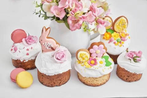 Easter orthodox sweet bread, Easter cake with flowers and gingerbread. Holida Stock Photos