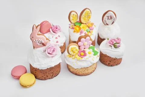 Easter orthodox sweet bread, Easter cake with flowers and gingerbread. Holida Stock Photos
