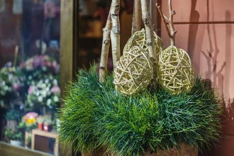 Easter outdoor eggs on grass decorations Stock Photos