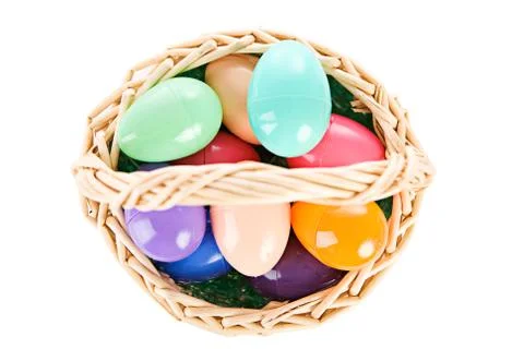 Easter: Overhead View Of Easter Basket Full Of Eggs Stock Photos