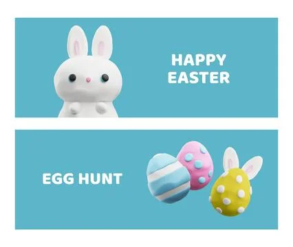 Easter painted eggs and rabbit, vector 3D Happy Easter holiday postcards, render Stockillustratie