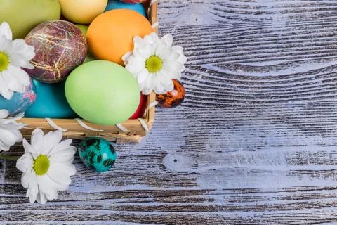 Easter Painted Eggs in Basket Stock Photos