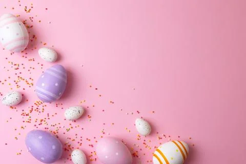 Easter painted eggs on a bright background. Easter background. Place for text Stock Photos
