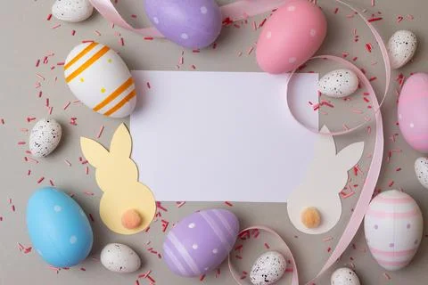 Easter painted eggs on a bright background. Easter background. Place for text Stock Photos