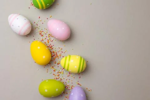 Easter painted eggs on a bright background. Easter background. Place for text Stock Photos