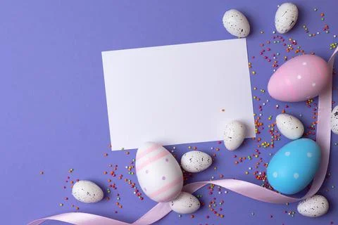 Easter painted eggs on a bright background. Easter background. Place for text Stock Photos