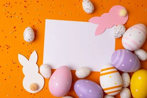 Easter painted eggs on a bright background. Easter background. Place for text Stock Photos