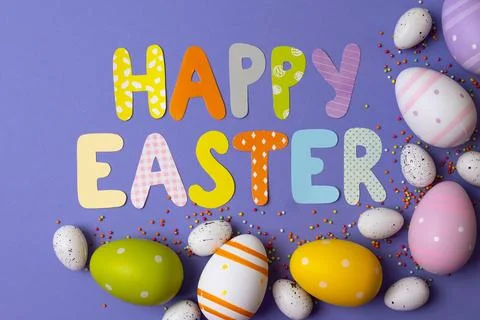 Easter painted eggs on a bright background. Easter background. Place for text Stock Photos