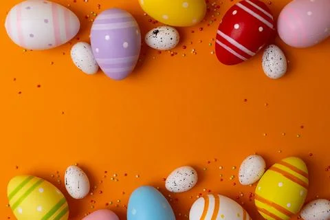 Easter painted eggs on a bright background. Easter background. Place for text Stock Photos