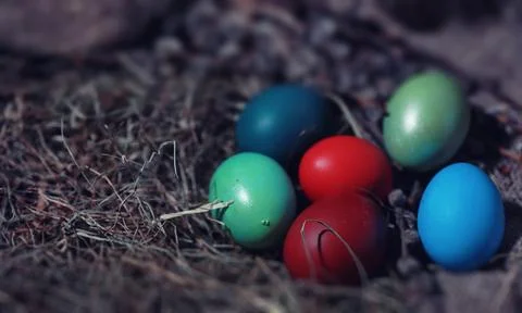 Easter painted eggs on burlap 스톡 사진