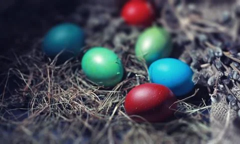 Easter painted eggs on burlap 库存照片