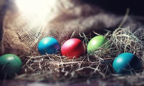 Easter painted eggs on burlap 스톡 사진