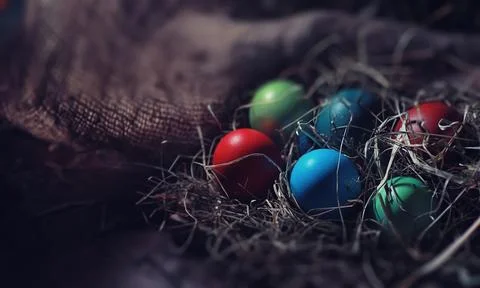 Easter painted eggs on burlap Stockfoto's