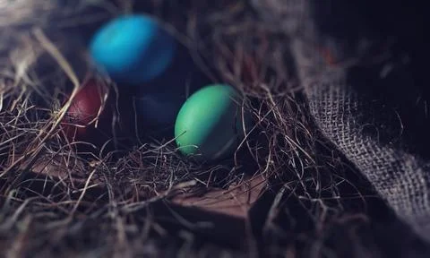 Easter painted eggs on burlap 스톡 사진
