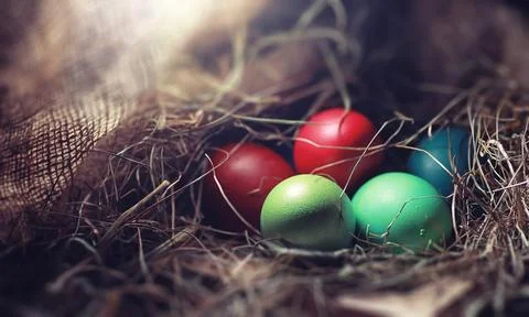 Easter painted eggs on burlap 写真素材