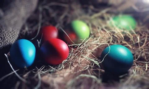 Easter painted eggs on burlap 스톡 사진