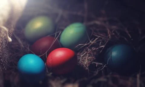 Easter painted eggs on burlap 스톡 사진