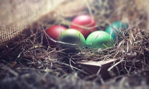 Easter painted eggs on burlap 스톡 사진