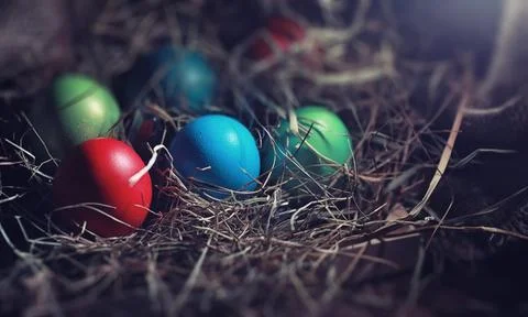 Easter painted eggs on burlap 스톡 사진