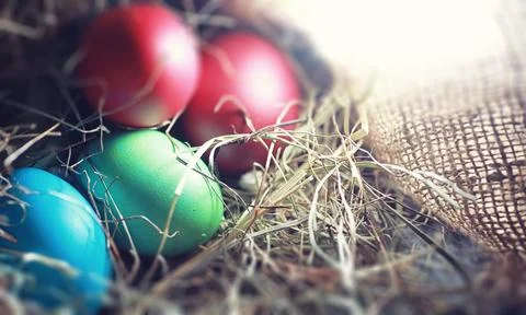 Easter painted eggs on burlap 库存照片