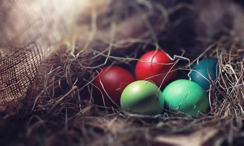 Easter painted eggs on burlap 写真素材