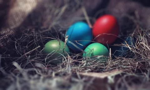 Easter painted eggs on burlap Stock Photos