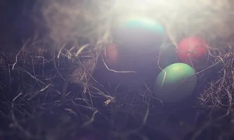 Easter painted eggs on burlap 스톡 사진