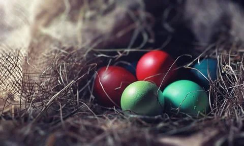 Easter painted eggs on burlap 스톡 사진