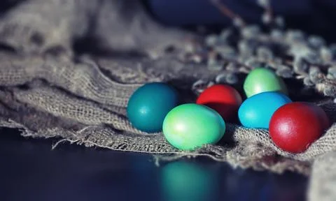 Easter painted eggs on burlap 스톡 사진