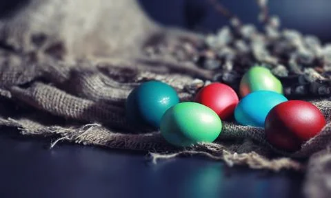 Easter painted eggs on burlap 写真素材