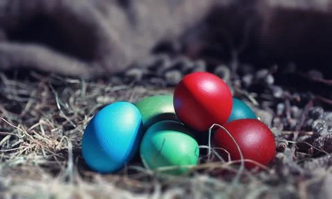 Easter painted eggs on burlap 写真素材