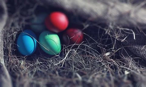 Easter painted eggs on burlap 写真素材