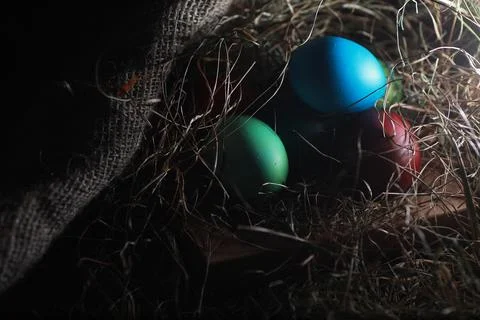 Easter painted eggs on burlap Stock Photos
