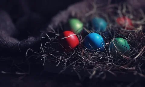 Easter painted eggs on burlap 스톡 사진