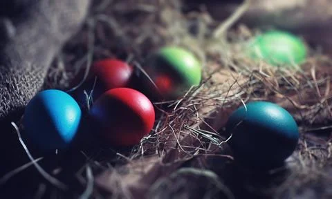 Easter painted eggs on burlap Stock Photos