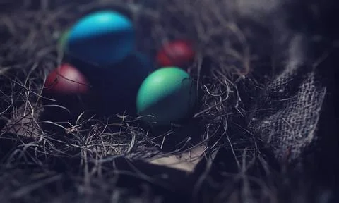 Easter painted eggs on burlap 스톡 사진