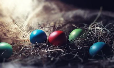 Easter painted eggs on burlap Stockfoto's
