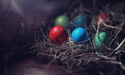 Easter painted eggs on burlap 스톡 사진